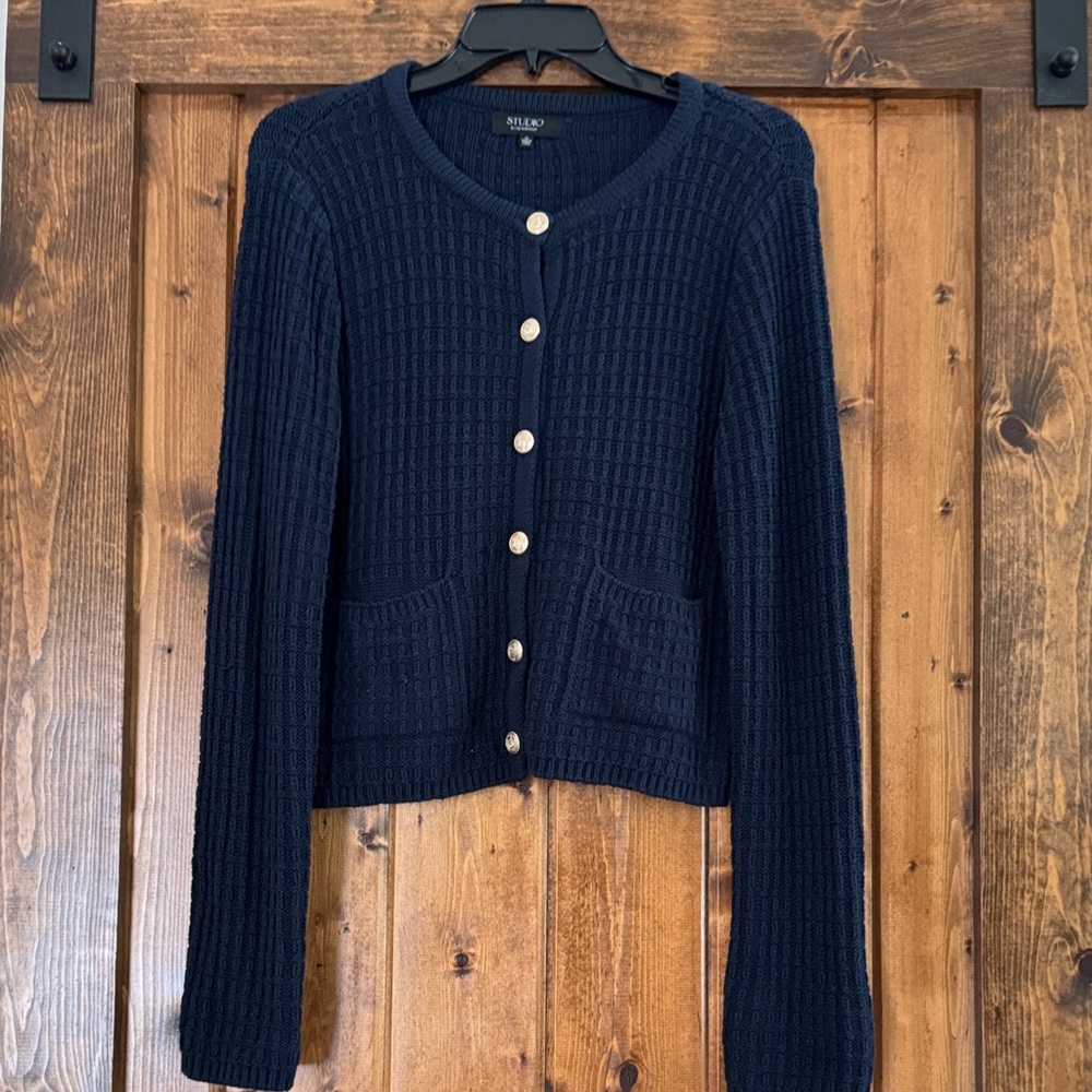 Navy Textured Knit Button Front Cardigan